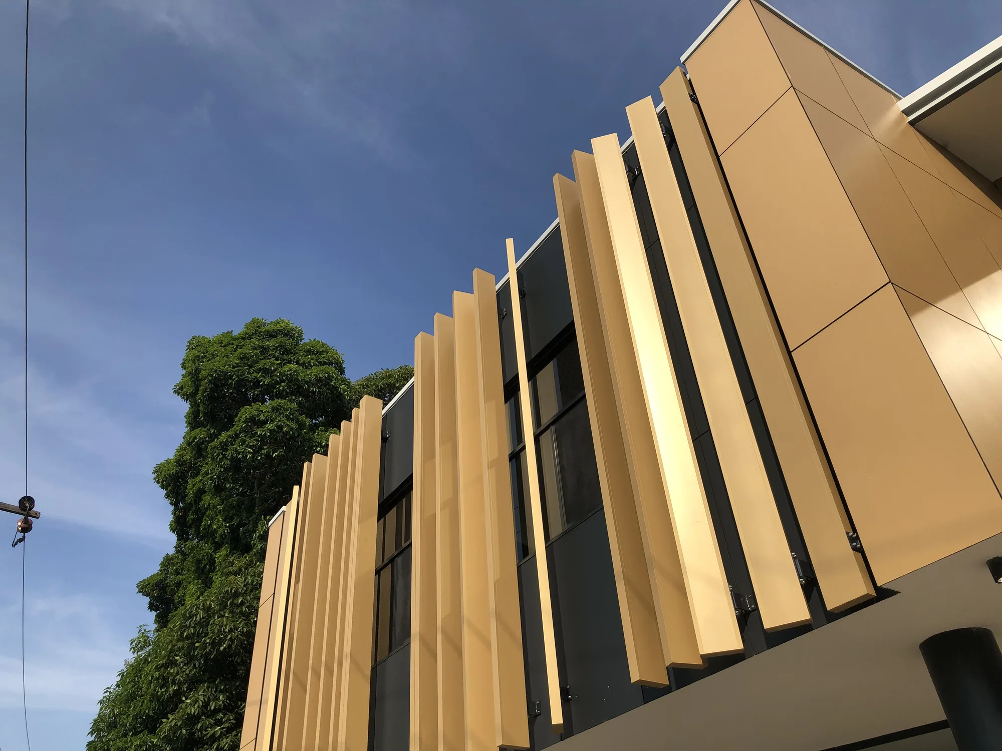 Bronze fins of the upper storey against the sky